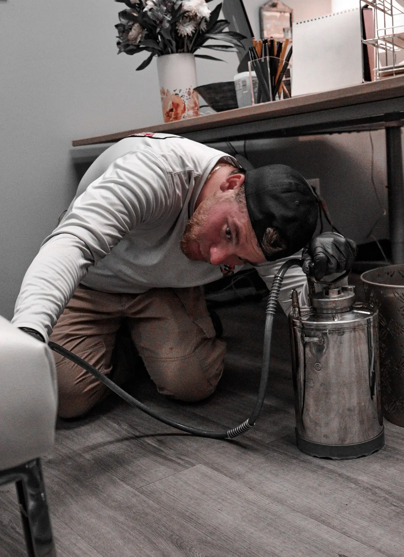 Pest control technician using equipment for bed bug extermination in Boca Raton, Florida, with focus on eco-friendly solutions.