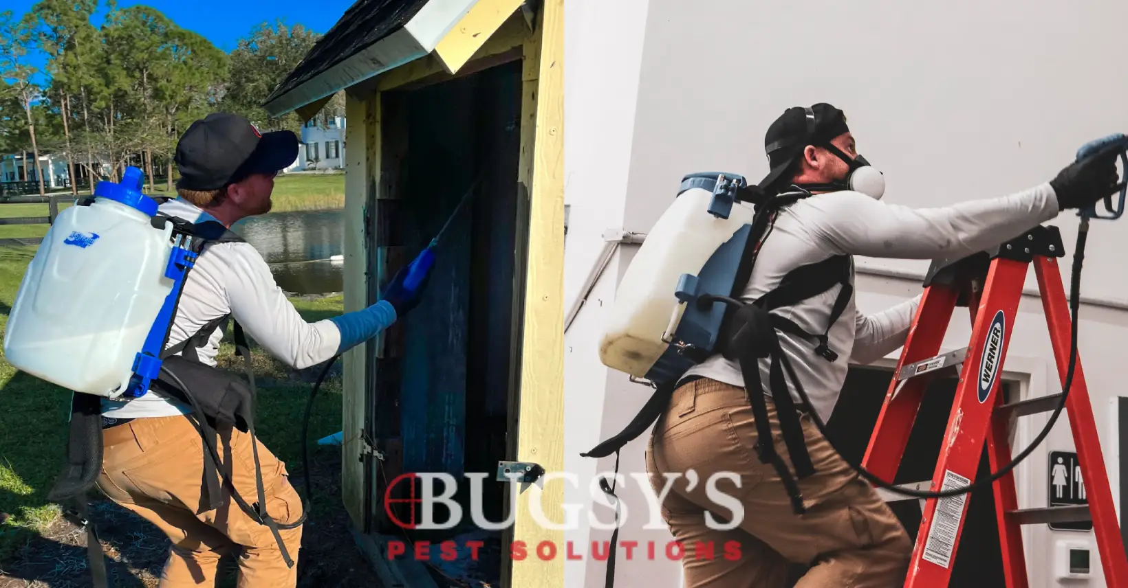 Bugsy's Pest Solutions technician conducting pest control services in residential and commercial environments. On the left, the technician is treating the exterior of a small residential structure near a pond using a backpack sprayer. On the right, the same technician is performing indoor pest control in a commercial building while standing on a ladder and wearing a respirator for safety. The Bugsy’s Pest Solutions logo is prominently displayed.