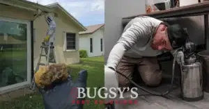 Bugsy's Pest Solutions technician performing residential pest control for a beehive removal on a ladder, and another technician conducting commercial pest treatment under an office desk.