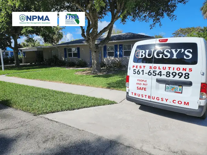 Bugsy's Pest Solutions service van parked outside a residential home, featuring eco-friendly pest control branding, contact information, and logos of the National Pest Management Association and Florida Pest Management Association.