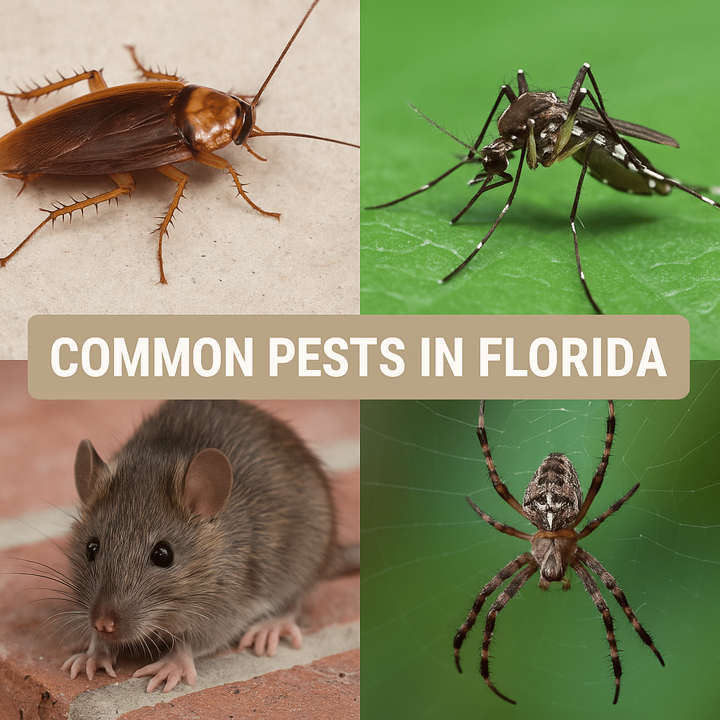 Common pests in Florida including a cockroach, mosquito, mouse, and spider, illustrating the diverse pest challenges faced by homeowners in the state's warm, humid climate.