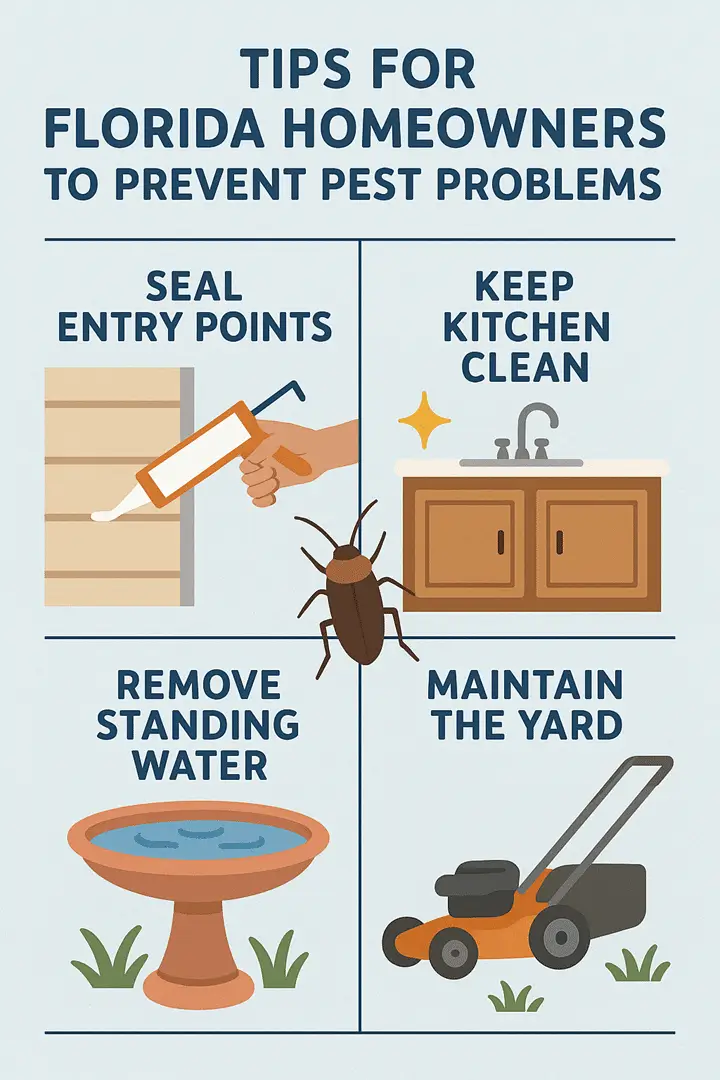 Tips for Florida homeowners to prevent pest problems, featuring sealing entry points, maintaining kitchen cleanliness, removing standing water, and yard maintenance.