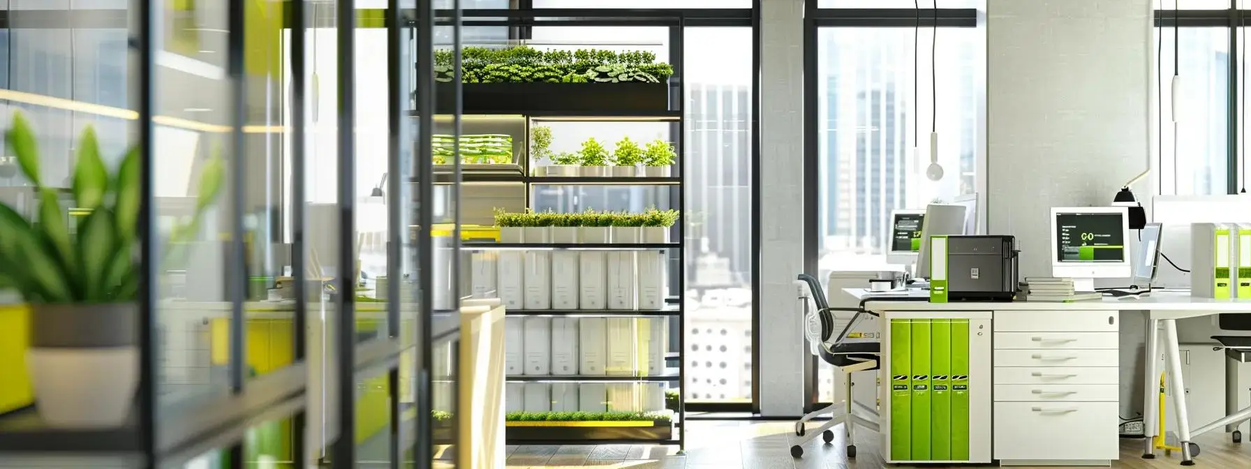 a modern office setting showcases a visually compelling display of eco-friendly pest control solutions, featuring sleek, labeled containers of plant-derived pesticides and innovative monitoring devices arranged against a backdrop of clean, vibrant design, highlighting the integration of sustainable practices in effective pest management. Modern office setting with eco-friendly design elements, featuring green plants, white desks, and organized storage, emphasizing sustainability and a healthy work environment.
