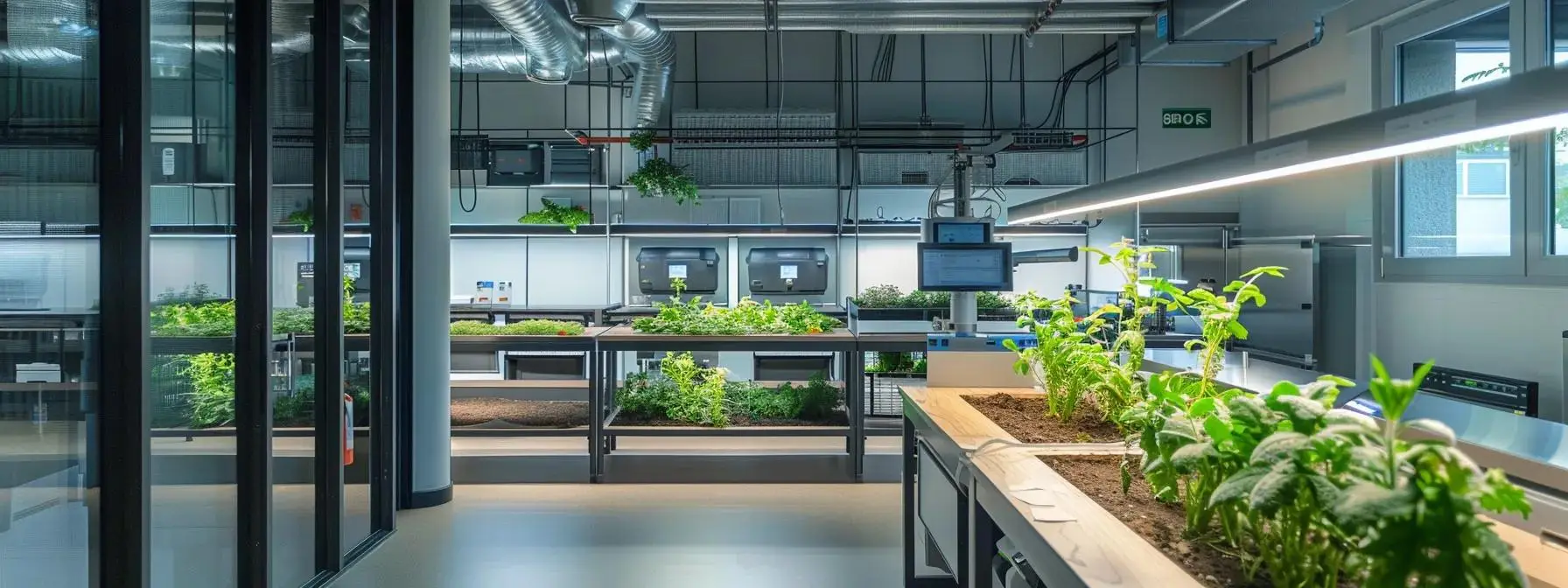 a modern office workspace displays innovative eco-friendly pest control solutions, featuring sleek biocontrol devices and sustainable materials, illuminated by cool, artificial lighting that emphasizes a clean, organized, and environmentally conscious atmosphere. Modern indoor workspace featuring eco-friendly pest control plants, sustainable gardening setup, and high-tech monitoring equipment.