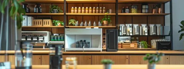 a modern office workspace features a sleek, high-tech pest control station, showcasing eco-friendly products in minimalist packaging against a backdrop of clean, organized shelves and contemporary design elements.