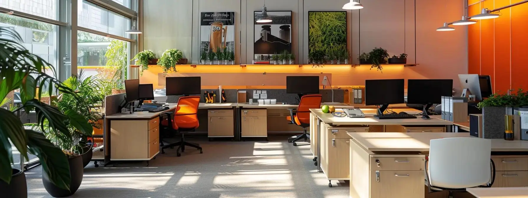 a modern office workspace features a sleek workstation adorned with eco-friendly pest control products, emphasizing sustainable practices through stylish packaging and minimalistic design, bathed in bright, focused lighting that highlights their innovative benefits. Modern office workspace featuring ergonomic furniture, multiple computer stations, and indoor plants, emphasizing a sustainable and eco-friendly environment.