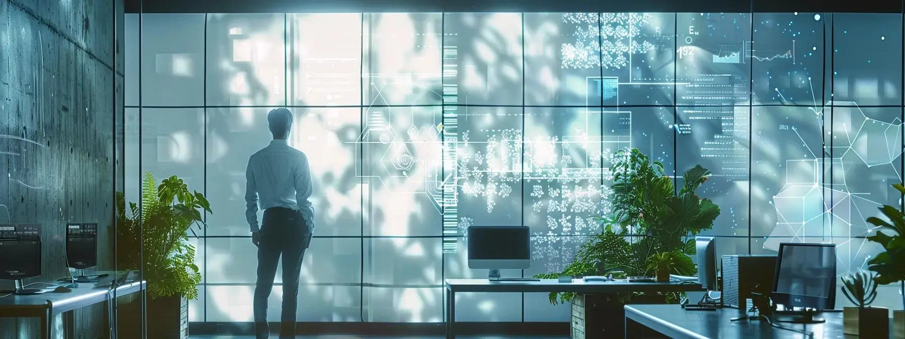 a modern urban office space features an eco-friendly pest control professional, clad in a sleek uniform, surrounded by innovative pest control strategies displayed on digital screens, visually emphasizing the balance between immediate pest management and environmental sustainability. Modern urban office space with a man facing a large digital display, showcasing data analytics and technology, surrounded by plants and computer workstations, emphasizing a blend of nature and innovation in workspace design.