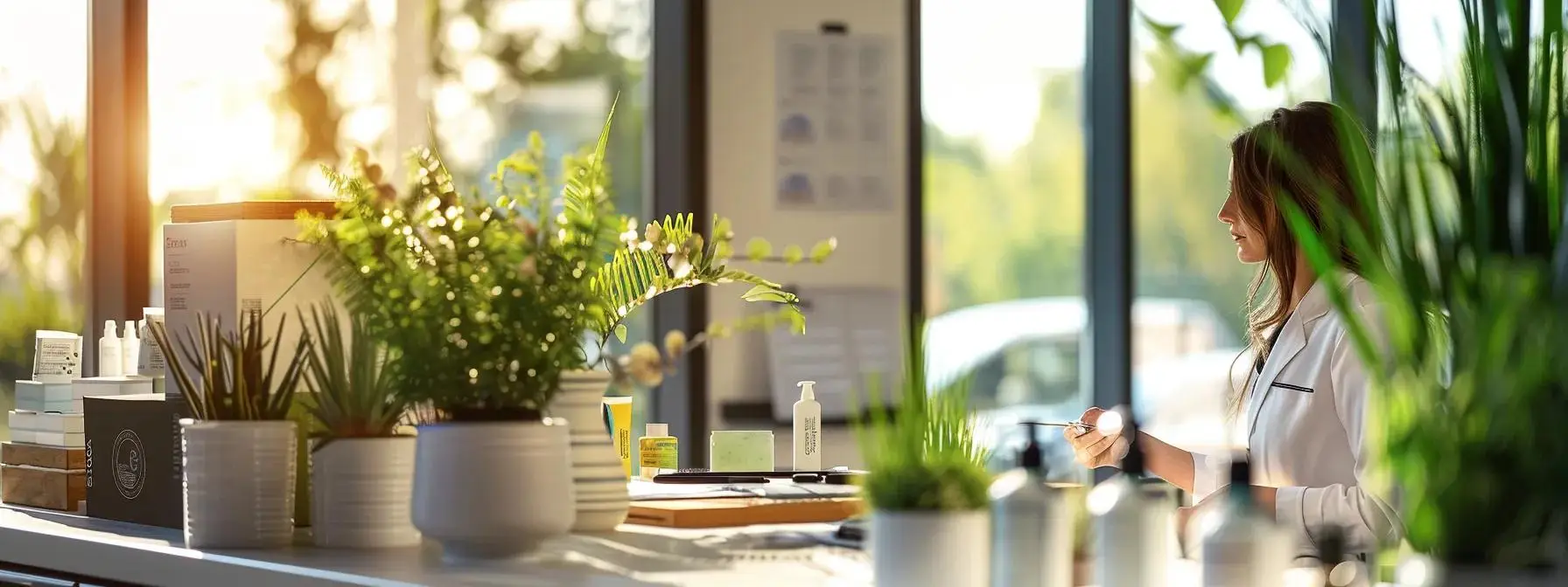 a modern, well-lit office space showcases a professional applying eco-friendly pest control solutions, with clear labels and organic products prominently displayed on a sleek desk, emphasizing a commitment to sustainable practices. Woman in a white coat working at a natural skincare product counter surrounded by plants and sunlight.