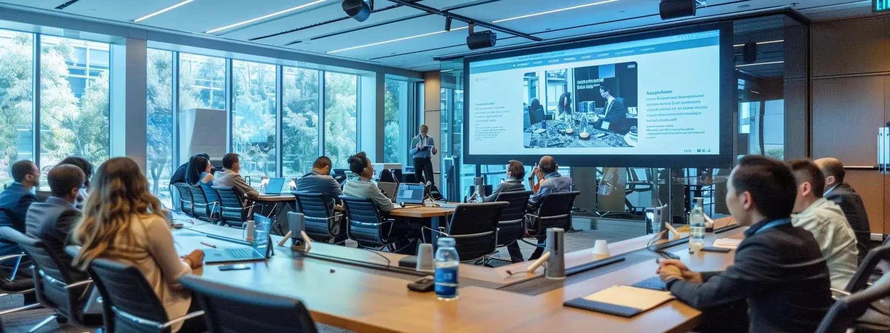 a sleek, modern conference room featuring a digital presentation on eco-friendly pest control strategies, surrounded by attentive professionals engaged in a collaborative discussion. Modern conference room with attendees engaged in a presentation, featuring a large screen displaying information relevant to eco-friendly pest control solutions.