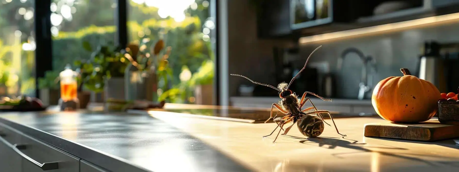 A picture of an ant. walking at the top of modern looking kitchen table