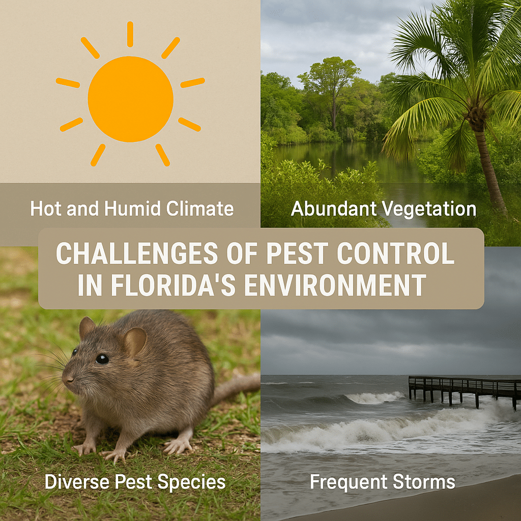 Challenges of pest control in Florida's environment, featuring a sun icon, a mouse representing diverse pest species, lush vegetation, and stormy coastal waters, highlighting hot and humid climate and frequent storms.