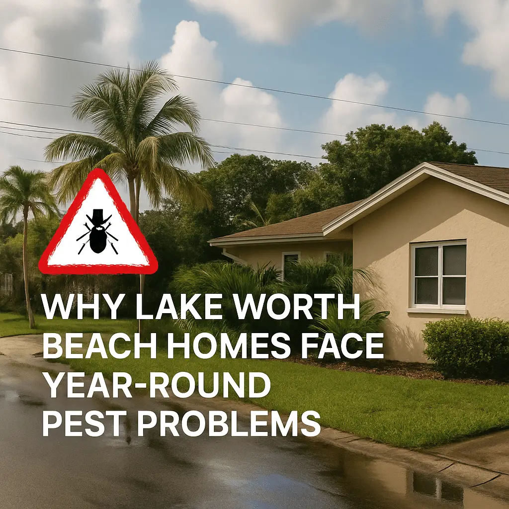 A realistic photograph of a Lake Worth Beach home with graphic design elements, including pest icons like ants, mosquitoes, and termites, surrounding the house, representing year-round pest problems.
