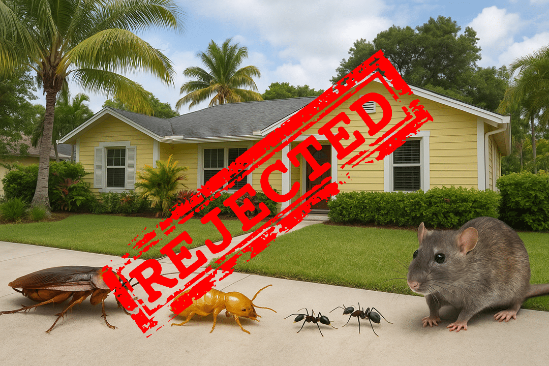 Common pests including a cockroach, a yellow ant, and black ants, with a rat in front of a yellow house, marked with "REJECTED" stamp, representing pest issues in Lake Worth Beach homes.