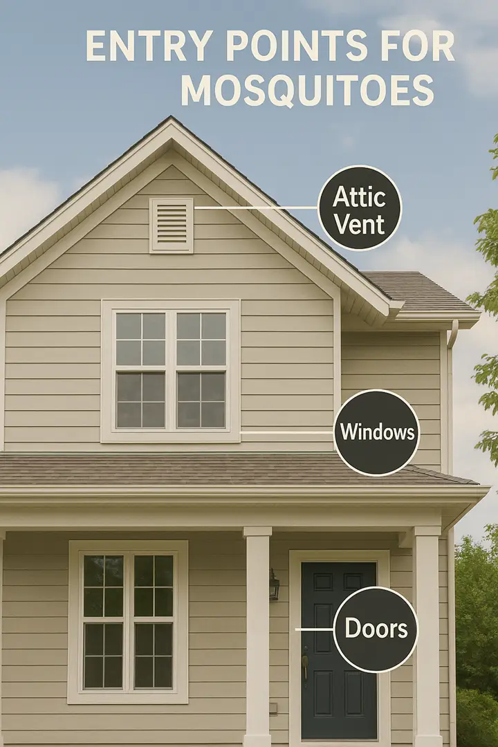 Illustration showing common entry points for mosquitoes in a house, including windows, doors, and vents.