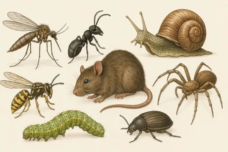 Illustration of common household pests including a wasp, ant, rodent, spider, caterpillar and beetle