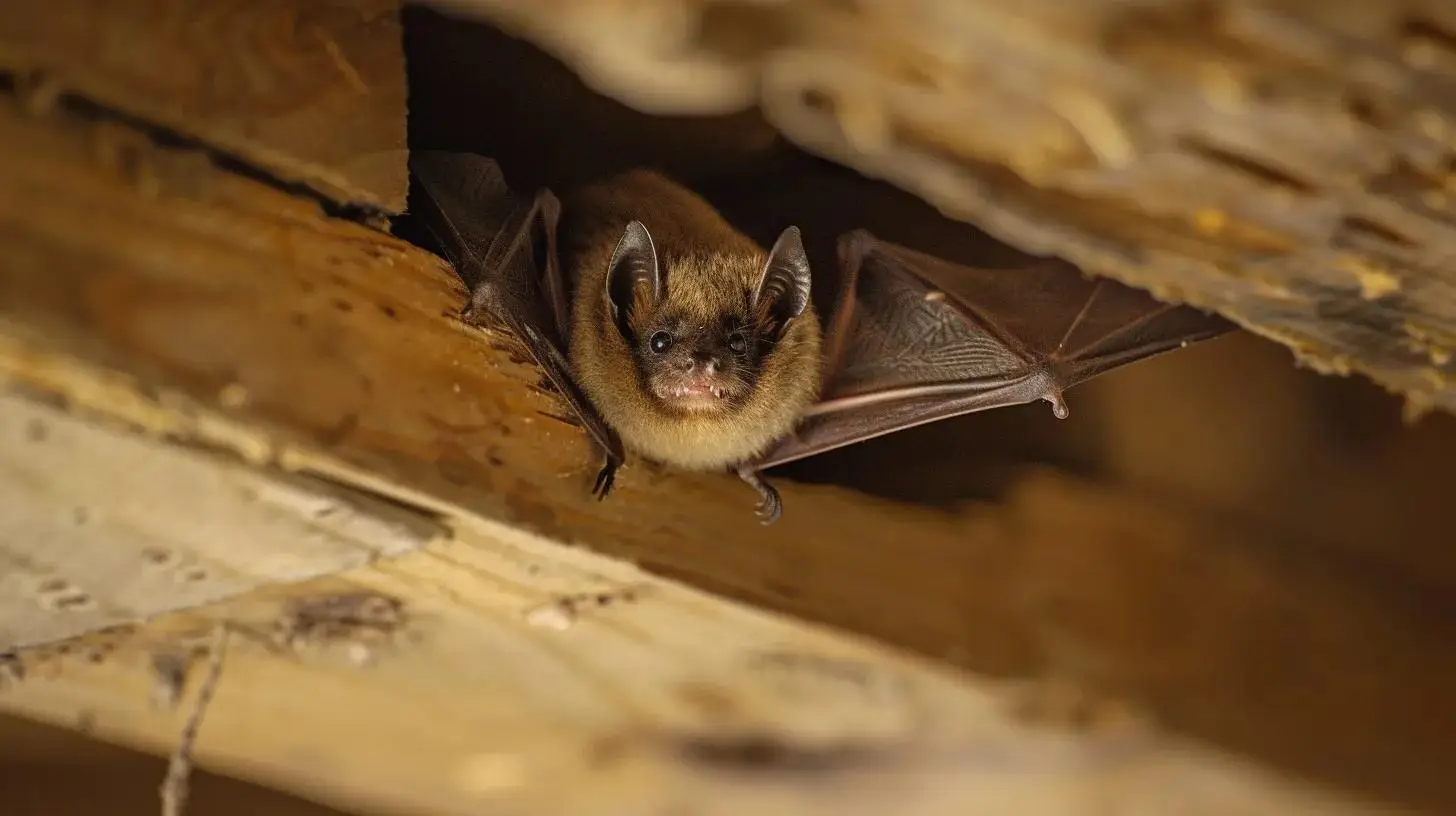 Bat peeking out from a roof gap in an attic, illustrating common entry points for bats in Florida homes.