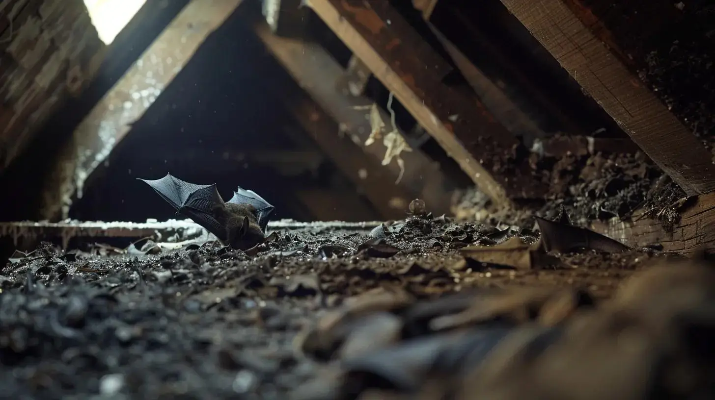 Bat in attic surrounded by bat guano, highlighting health risks associated with guano cleanup and the importance of professional pest solutions.