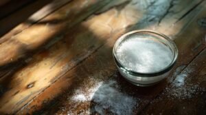 Bowl of borax and sugar mixture on wooden surface, used as ant bait for pest control in South Florida homes.