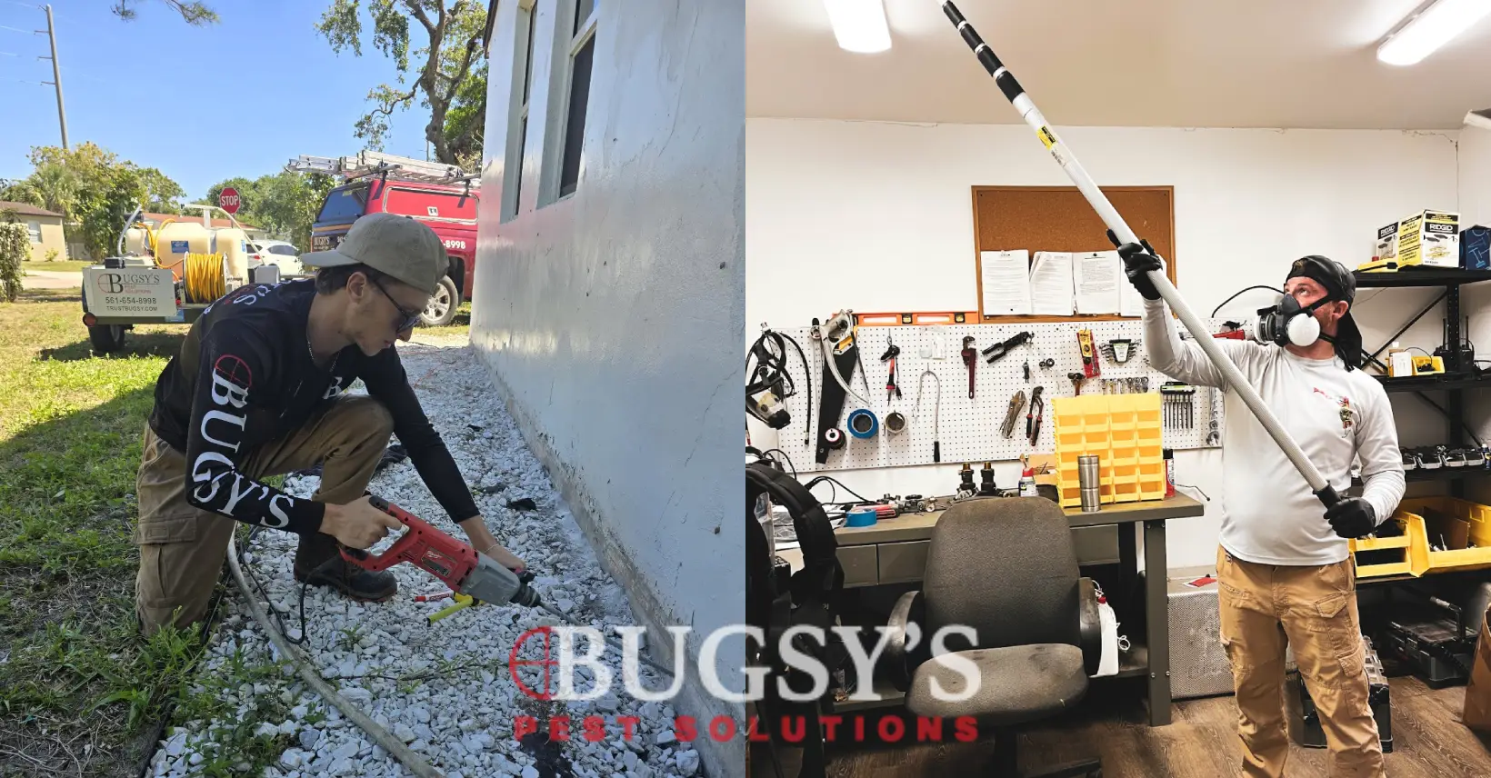 Side-by-side collage of Bugsy's Pest Solutions team in action: on the left, a technician kneels outside a building using power tools for a pest control procedure, with a branded trailer and service truck in the background; on the right, another technician in a respirator mask and gloves holds up pest control equipment inside a workshop filled with tools and supplies. The Bugsy’s Pest Solutions logo is centered at the bottom.