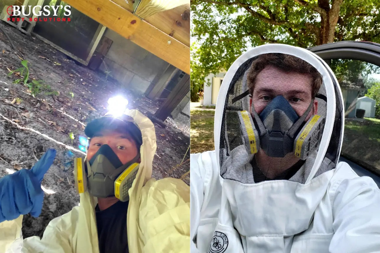Two Bugsy's Pest Solutions technicians wearing full protective gear and respirators during pest control operations—one working beneath a structure and the other prepared for outdoor service, showcasing safety and professionalism.