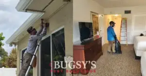 Side-by-side image of Bugsy’s Pest Solutions performing residential (left) and commercial (right) pest control. On the left, a technician on a ladder uses a power drill near the roofline of a home. On the right, a technician in a mask collects debris inside a hotel or commercial room setting. The Bugsy’s Pest Solutions logo is centered at the bottom of the image.