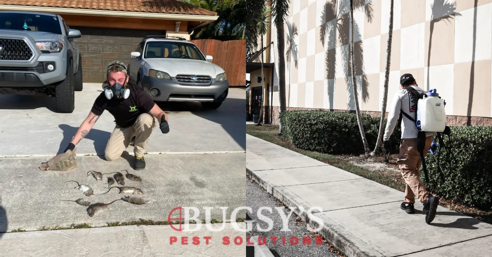 Side-by-side image collage showing residential and commercial pest control services by Bugsy's Pest Solutions. On the left, a technician in a mask poses in front of two vehicles with several captured rats lined up on a driveway. On the right, a technician with a backpack sprayer walks along a commercial building's sidewalk. Bugsy’s Pest Solutions logo is prominently displayed at the bottom center.