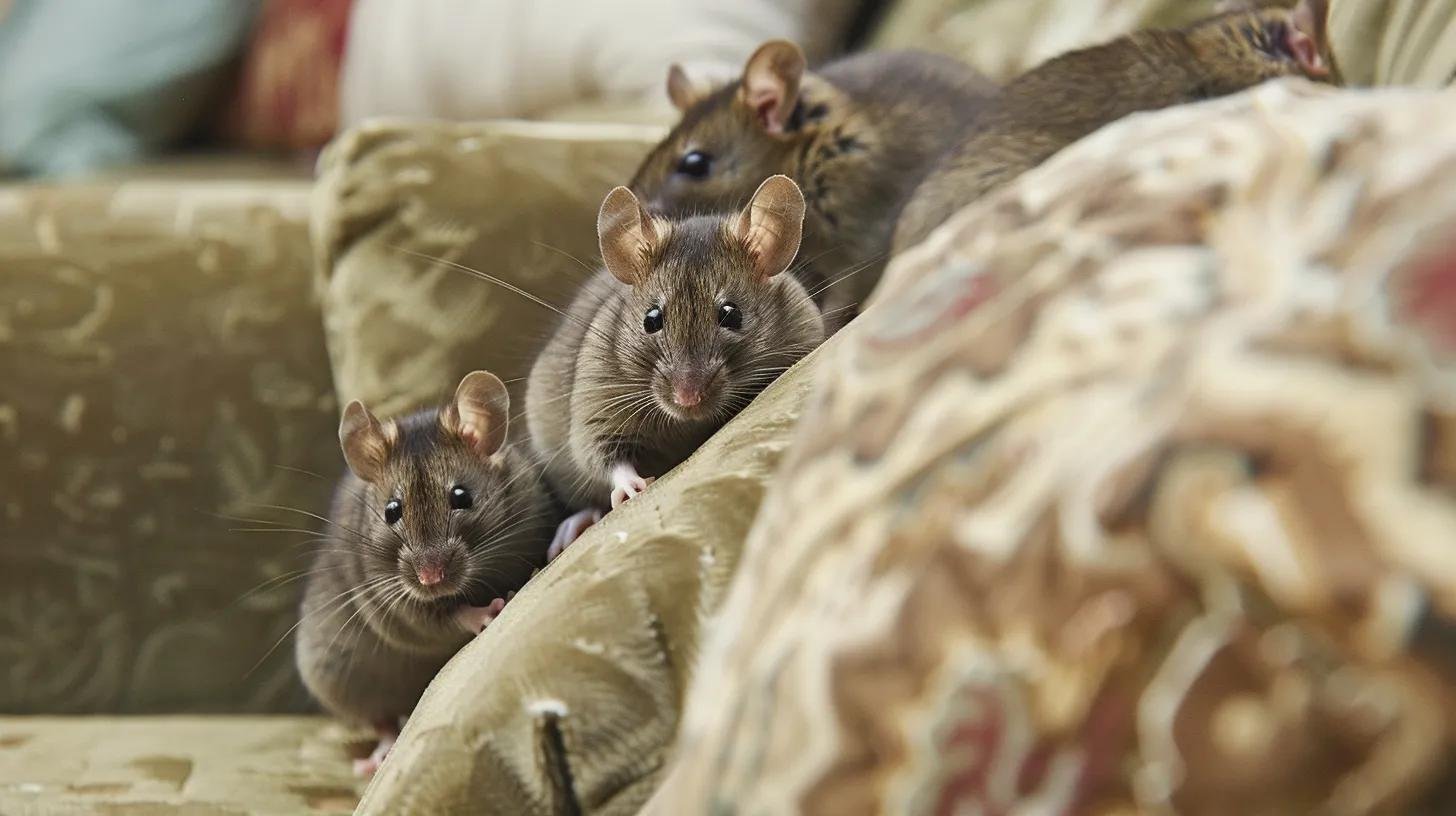 Close-up of a group of mice on a couch, highlighting the rodent problem relevant to pest control in Palm Beach and Broward counties.