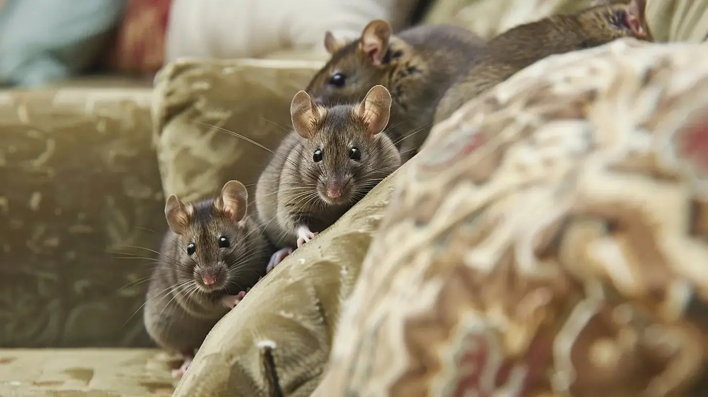 Close-up shot of several mice gathered closely together on top of a soft, colored pillow.