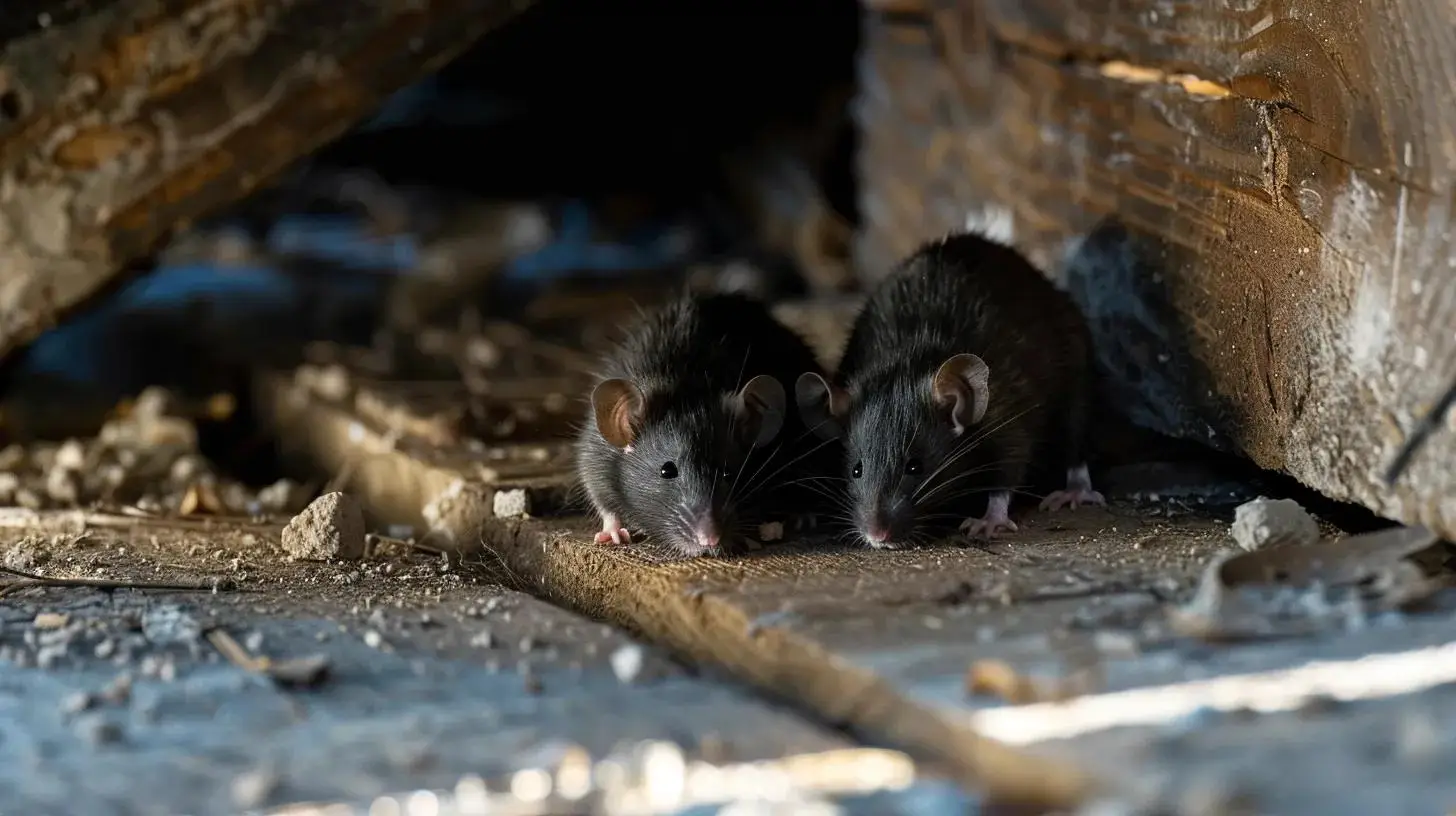 Close-up of two black mice in a dusty environment, highlighting the presence of rodents in emergency pest control situations in West Palm Beach.