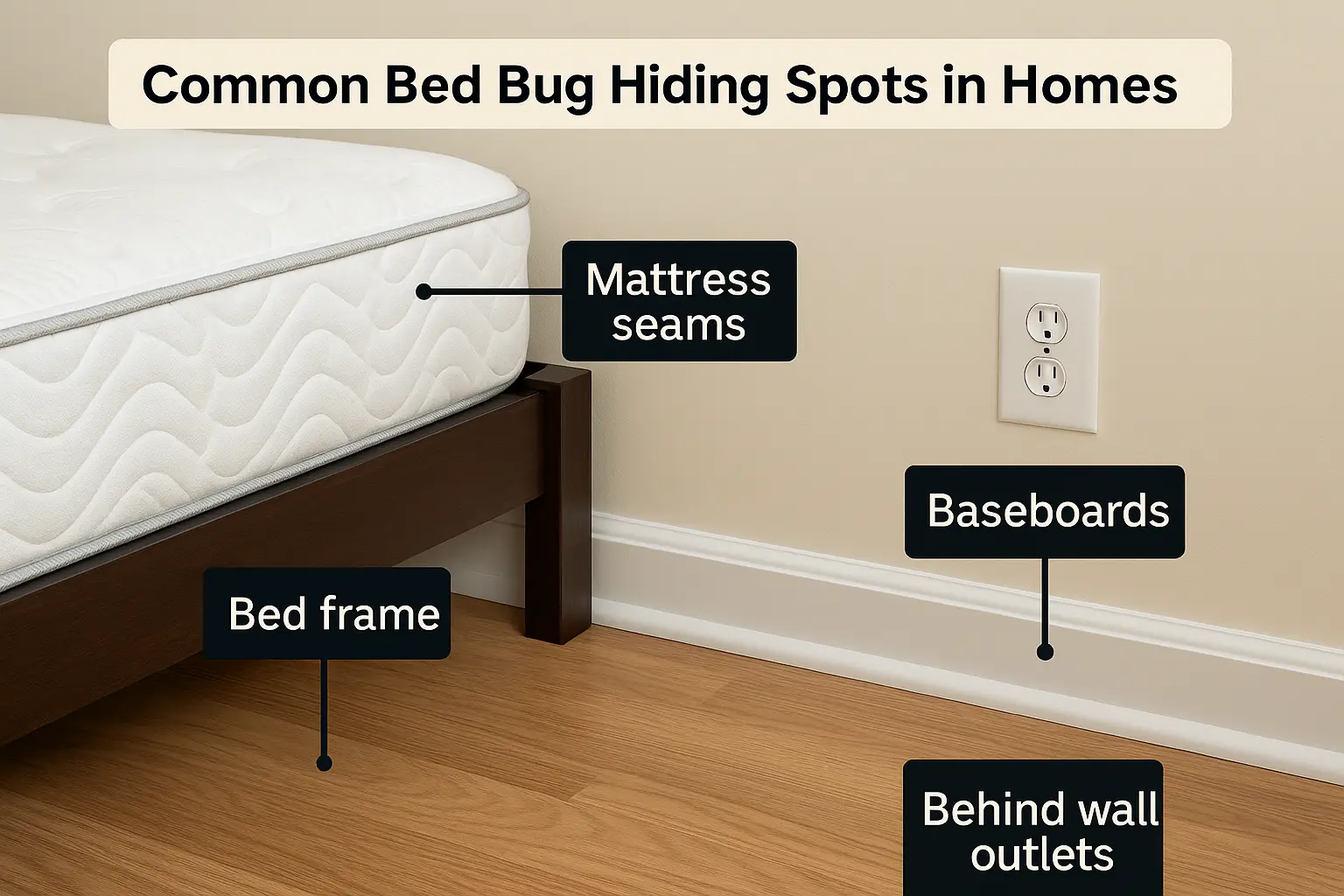 Common bed bug hiding spots diagram highlighting mattress seams, bed frame, baseboards, and behind wall outlets, relevant to eco-friendly bed bug treatment in Boca Raton.