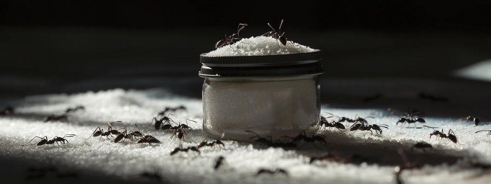 A container of borax bait surrounded by black ants