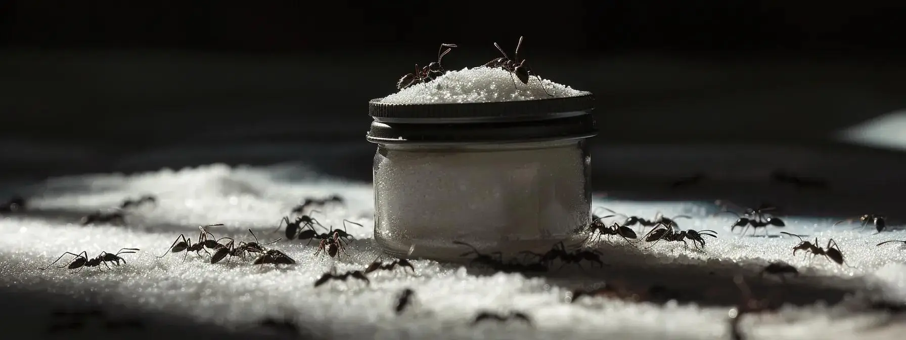 Container of borax bait surrounded by ants on a surface, illustrating pest control methods for ant infestations in South Florida homes.