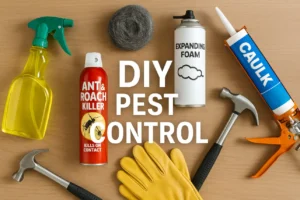 A flat lay display of DIY pest control tools including gloves, goggles, traps, spray bottles, and natural repellents, neatly arranged on a workbench surface.