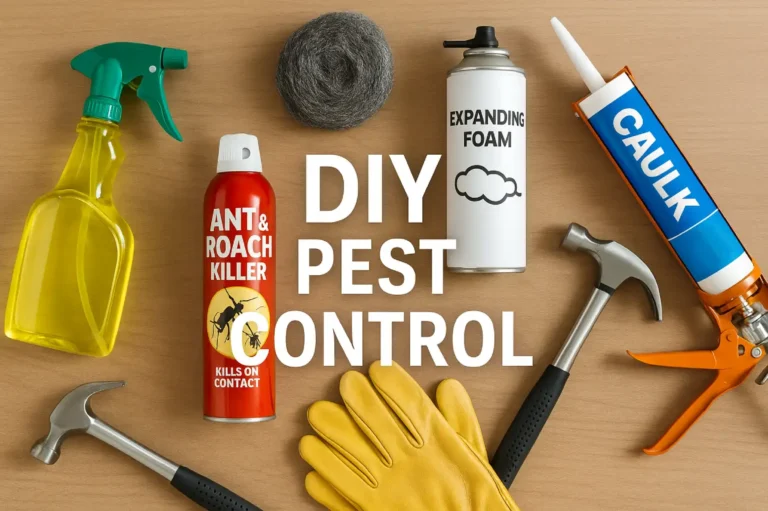 A flat lay display of DIY pest control tools including gloves, goggles, traps, spray bottles, and natural repellents, neatly arranged on a workbench surface.
