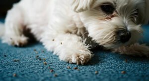 A white, fluffy dog lying on a blue carpet infested with fleas, with visible fleas crawling on its paw and scattered across the carpet.