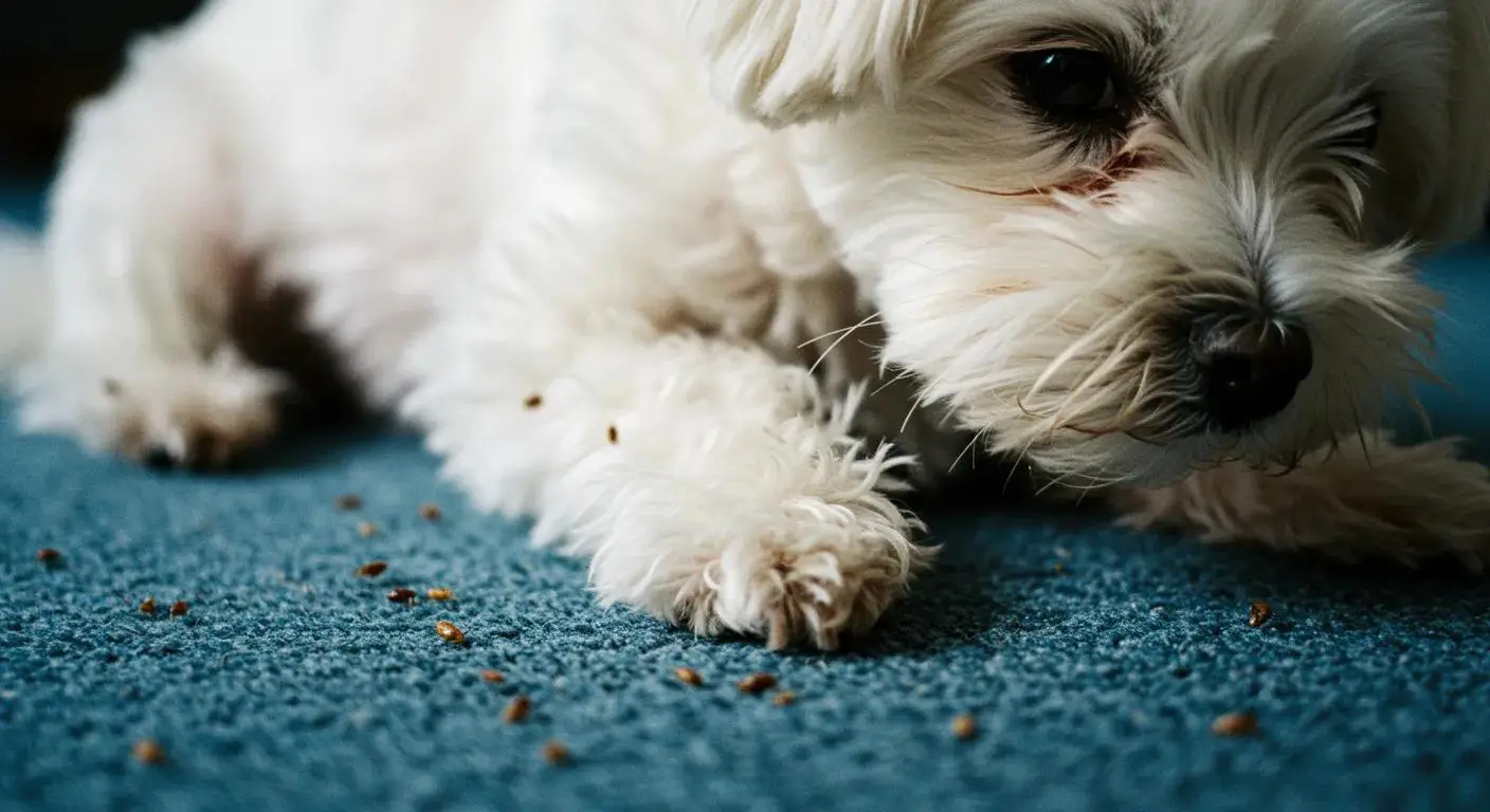 Dog on blue carpet with visible fleas, highlighting flea infestation issues in South Florida homes.