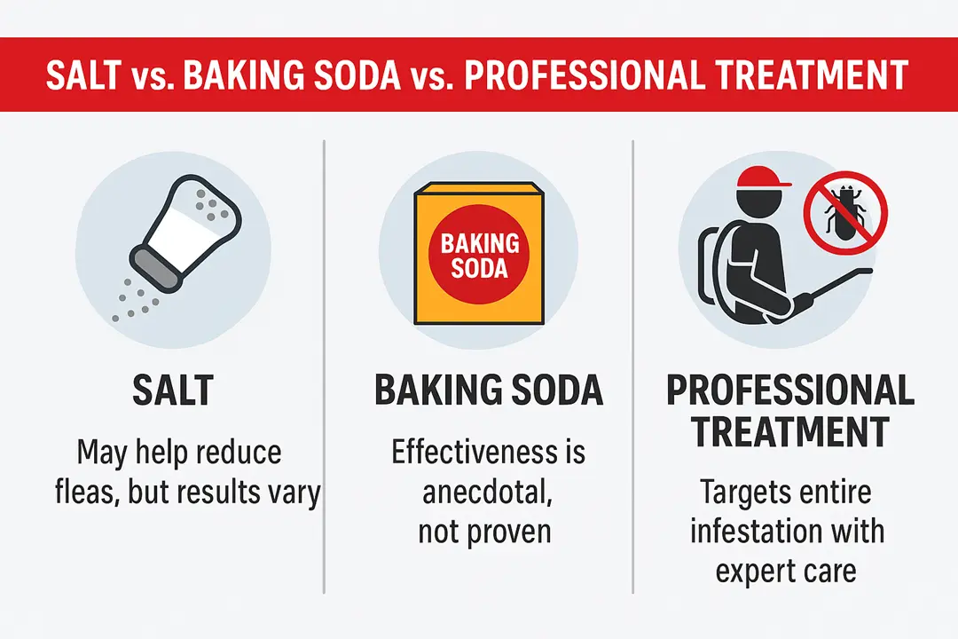 Infographic comparing salt, baking soda, and professional pest control treatments for killing fleas in carpets. It highlights the effectiveness, time required, safety, and long-term prevention for each method. Salt and baking soda are shown as temporary home remedies with limited success, while professional treatment is presented as the most effective and long-lasting solution.