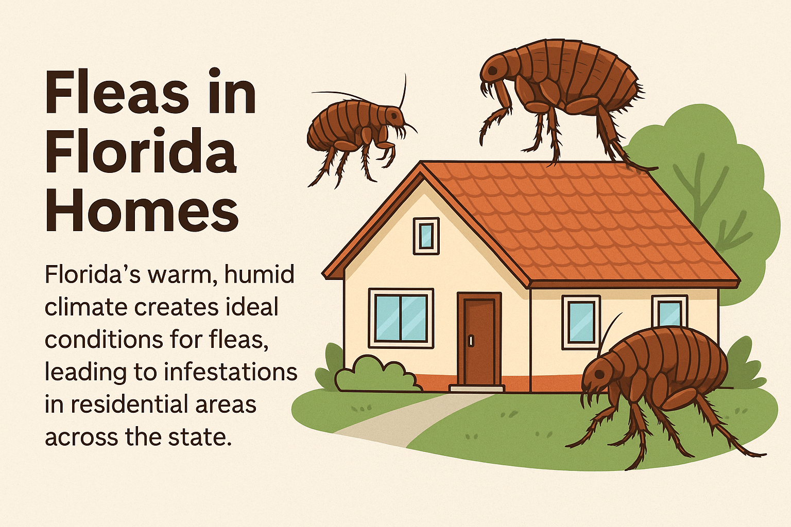 Digital illustration of fleas invading a Florida-style home, highlighting common infestation areas such as carpets, pet bedding, and baseboards, with a sunny tropical background to emphasize the South Florida setting.