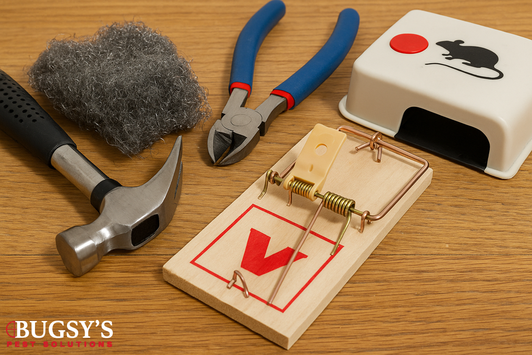 Hammer, pliers, mouse trap, steel wool, and bait station on wooden surface, representing DIY mouse control tools for effective rodent prevention and elimination by Bugsy's Pest Solutions.