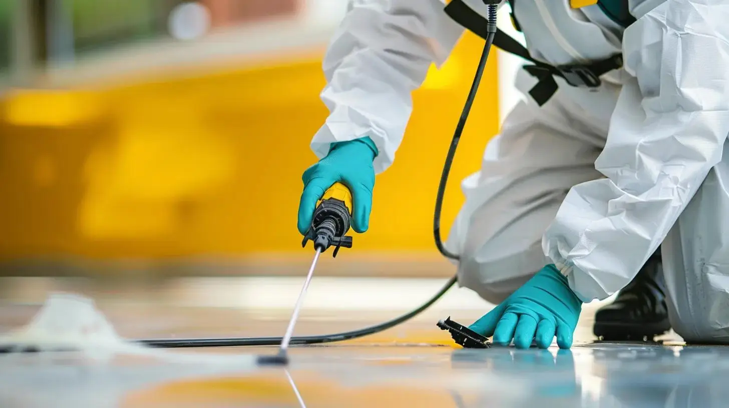 Pest control technician in protective gear applying eco-friendly pesticide to the floor, emphasizing sustainable pest management practices.