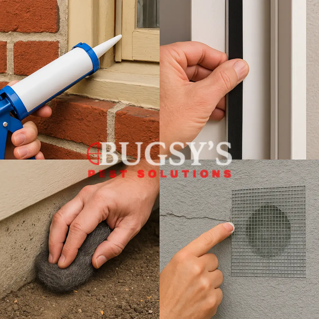 A collage of four close-up images showing various pest-proofing methods: applying caulk to window gaps, attaching weatherstripping to a door, placing mesh screens over exterior vents, inserting steel wool into wall gaps, applying foam backer rods between bricks, and sealing door bases to prevent pest entry.