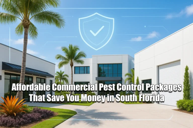Modern commercial buildings in South Florida with tropical landscaping, symbolizing affordable pest control packages for restaurants, offices, and warehouses.