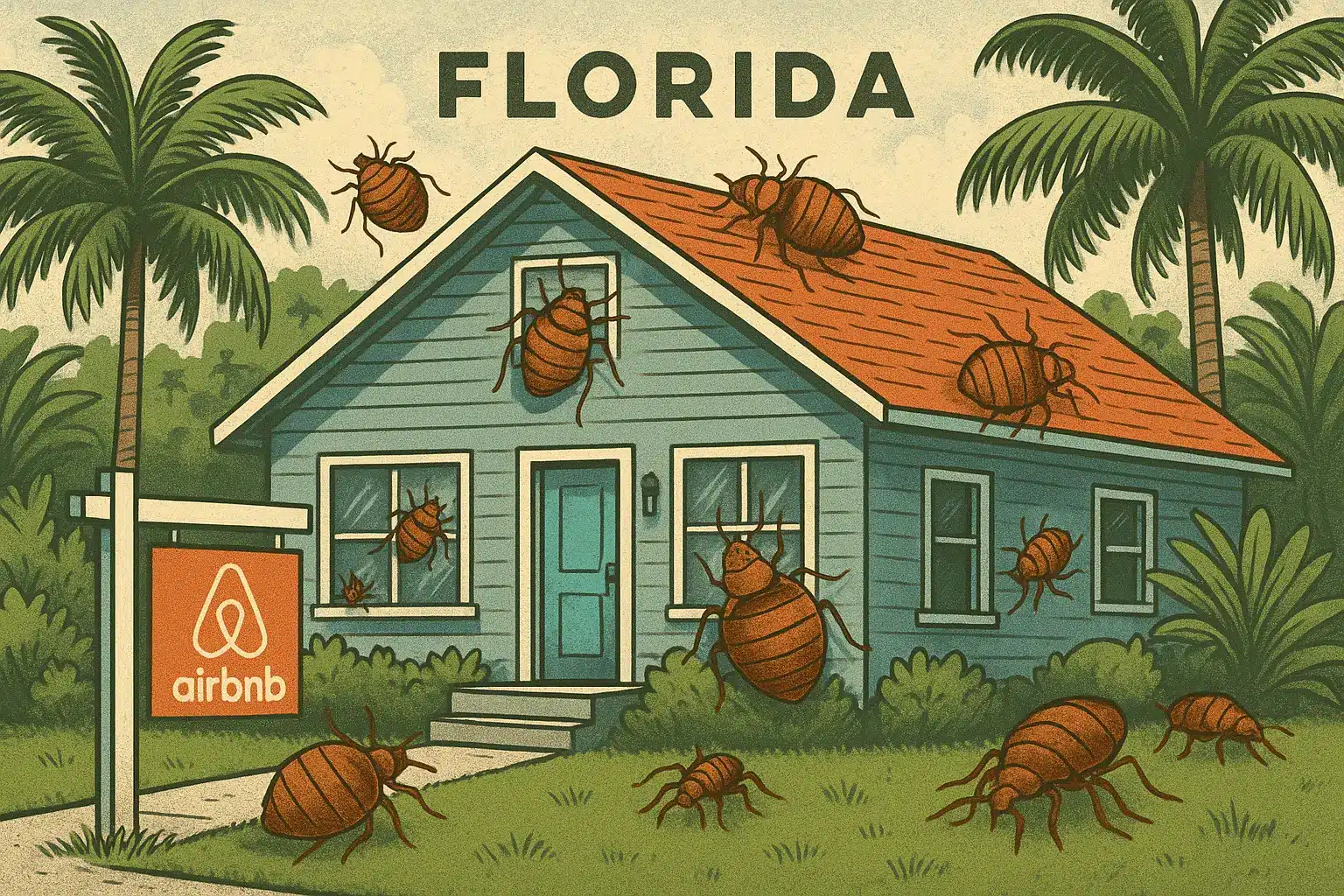 An illustration showing an Airbnb property in Florida infested with bed bugs, highlighting the risk to rental properties.