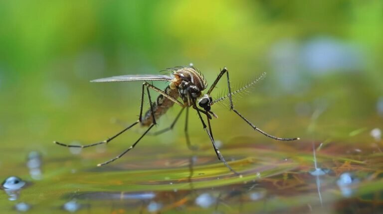 Mosquito flying over a backyard in Fort Lauderdale with standing water in the background.