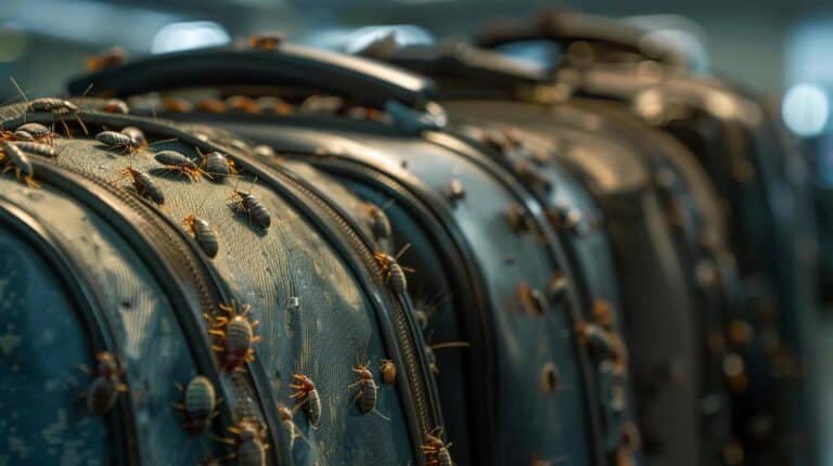 Close-up of luggage with bed bugs traveling from one location to another, emphasizing the transfer of pests in Airbnb rentals.