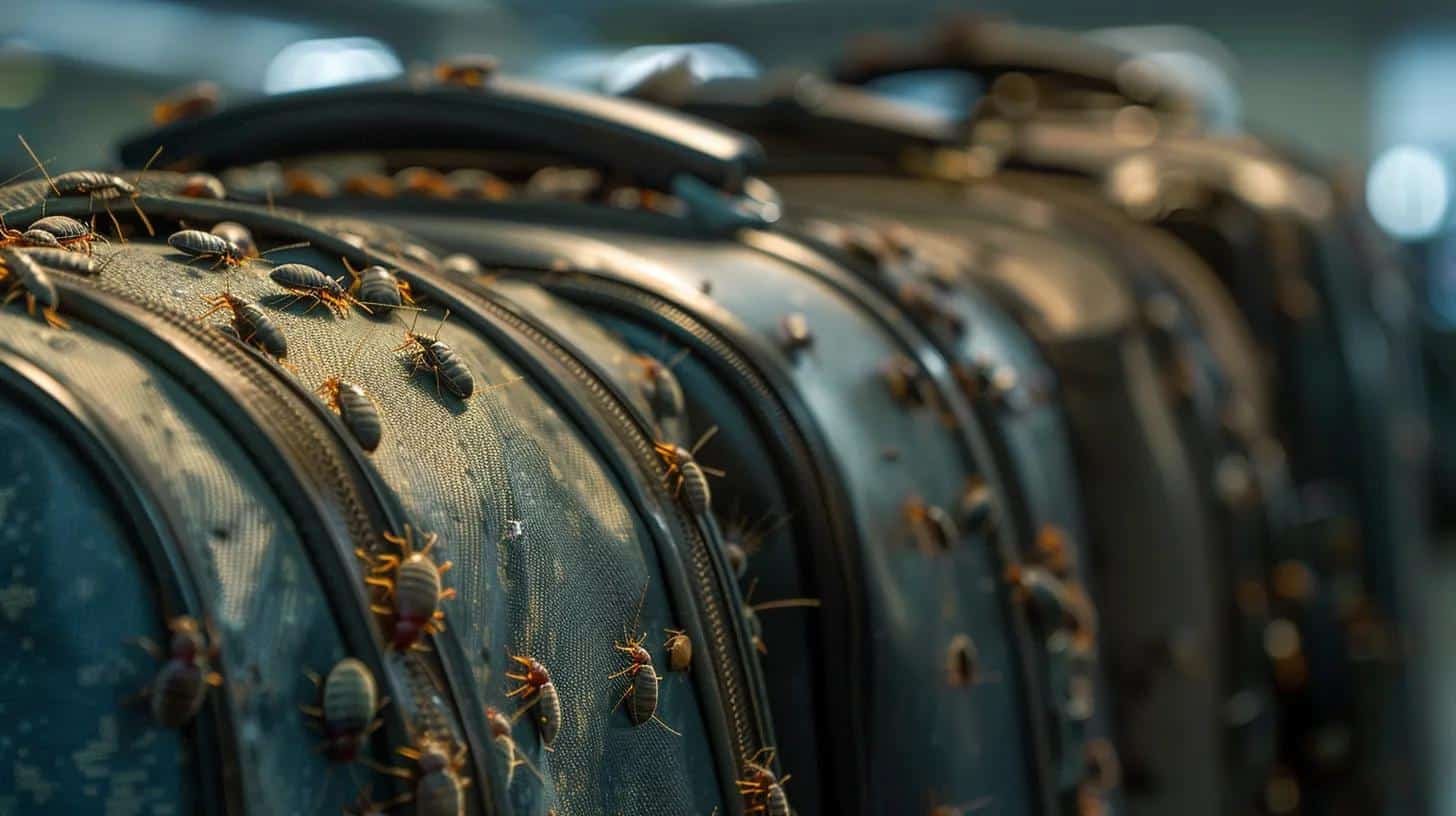Close-up of luggage with bed bugs traveling from one location to another, emphasizing the transfer of pests in Airbnb rentals.