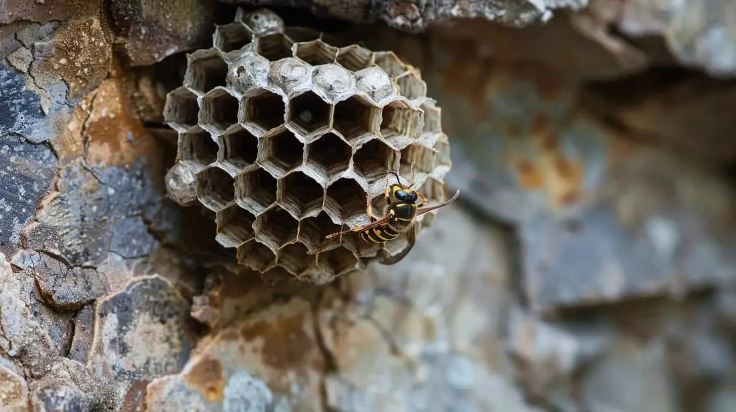 Close-up of a paper wasp nest with a wasp on the side, showcasing the distinctive hexagonal structure, set against a textured background of bark and natural elements, relevant to identifying and managing paper wasp nests in Florida.