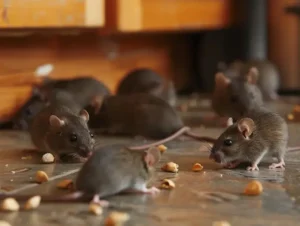 Group of brown rats foraging on a floor, highlighting pest issues relevant to pest control in South Florida homes.