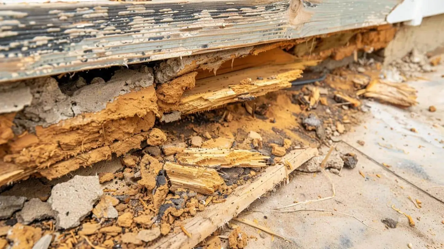 Close-up of termite damage to wooden structure, exposing shredded wood and debris, highlighting the destructive impact of termites in Florida homes.