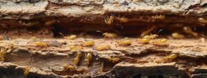 Termites crawling on damaged wood, highlighting the importance of termite identification and treatment for homeowners in South Florida.